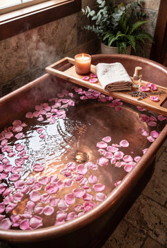 Relaxing bath with floating flower petals and candles for spa wellness marketing