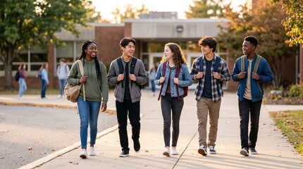 Fototapeta premium Diverse group of smiling teenagers walking together outside a school building with backpacks