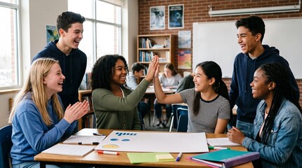 Fototapeta premium Diverse group of happy high school students celebrating success in a classroom setting