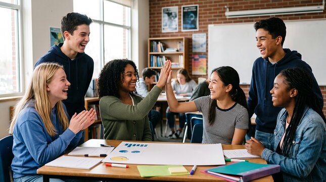 Diverse group of happy high school students celebrating success in a classroom setting