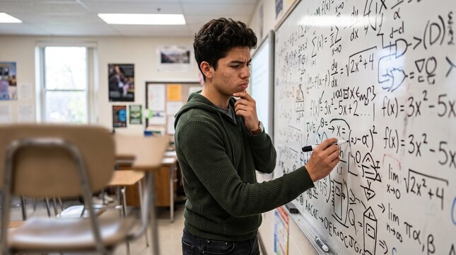 Teenage boy thoughtfully solving complex math equations on a whiteboard in a classroom setting