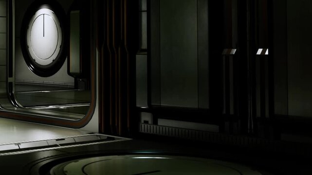 The scene shows a part of a futuristic space station with a round door. The space has dark panels and subtle lighting. The setting looks high tech and modern.