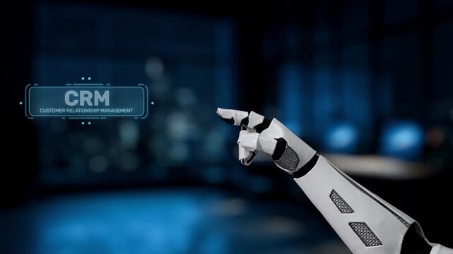 A futuristic robot hand points at a CRM interface, showcasing digital customer management in a modern office setting emphasizing innovation and technology. Synapse