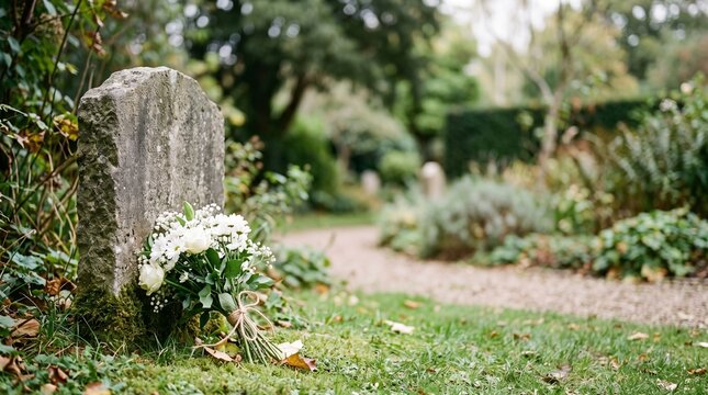 Tombstone with bouquet of white flowers in a cemetery garden setting