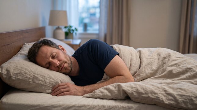 Man peacefully sleeping in a comfortable bed covered with a light beige duvet and linen sheets
