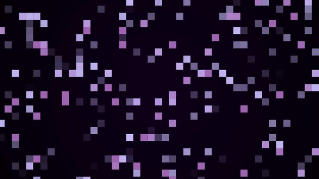 A scattered pattern of small, irregular purple and light purple square pixels of varying sizes against a dark purple background, creating a digital mosaic or glitch effect