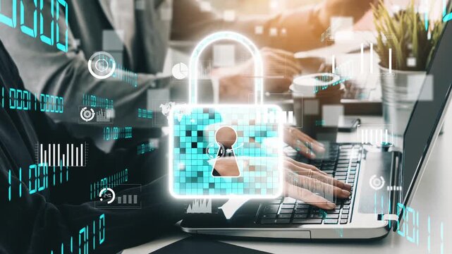 A modern office scene featuring a laptop with a padlock symbol, representing data protection and cyber security efforts in a digital workspace with professionals typing. Xenic