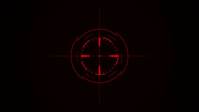 A vibrant red digital crosshair reticle featuring a circular aiming scope with detailed markings and a central red dot, presented on a deep black background, gaming or tactical interfaces
