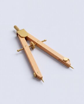 A vintage wooden drafting compass with brass hardware isolated against a clean white background.