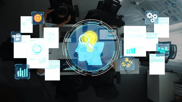 Business team discussing ideas in conference room with digital analytics and brainstorming visuals, technology and innovation concept in modern workspace. Entropy.