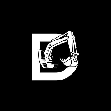 D Construction Logo &ndash; Bold Lettermark with Excavator and Heavy Equipment Symbol Vector
