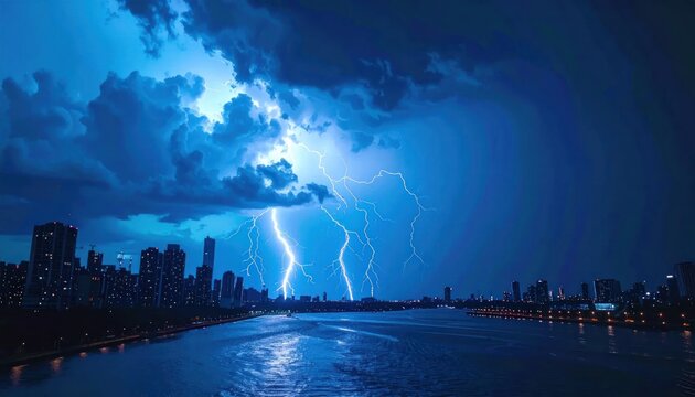 Lightning Storm Over City Skyline Waterfront.