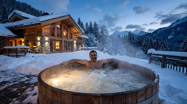Happy man relaxing in wooden hot tub at luxury snowy mountain chalet