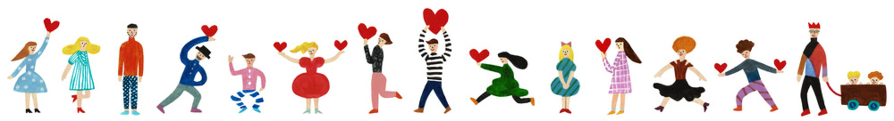 ハートを持って並ぶ多世代の男女と子どもたちのカラフルな手描きイラスト