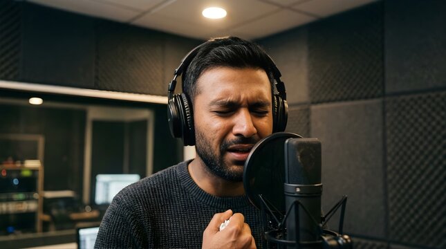 Male singer recording emotional vocal performance in professional studio