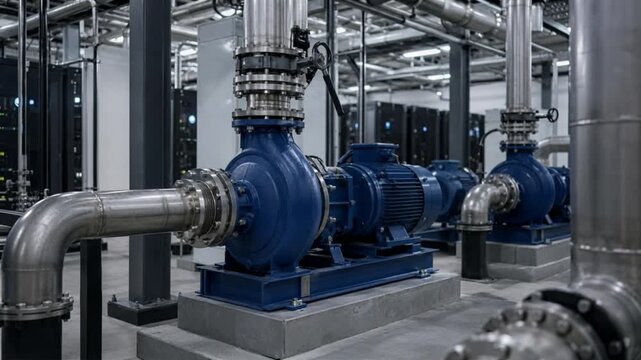 Industrial cooling pump assembly with motors, pipes and valves circulating coolant through a modern enterprise data center cooling system.