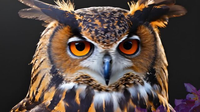 Great horned owl with vibrant orange eyes and purple flowers