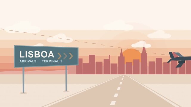Airplane landing in Lisboa Portugal city skyline at sunset airport direction sign, travel arrival