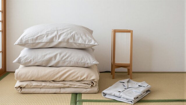 Neatly folded bedding and pajamas on tatami floor beside minimalist lamp.