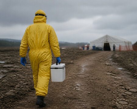 Medical responder in yellow protective suit carrying aid box on dirt path, emergency response scene.