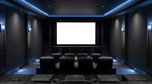 Modern private home theater with large blank projection screen and chairs