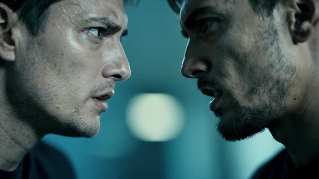 Intense emotional standoff between two rivals locking eyes in a dramatic confrontation scene