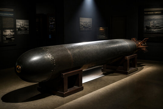 Decommissioned naval torpedo on wooden display cradles in museum, naval history concept