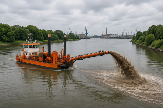 Orange dredger vessel with discharge pipe on calm river, industrial waterway and sediment concept