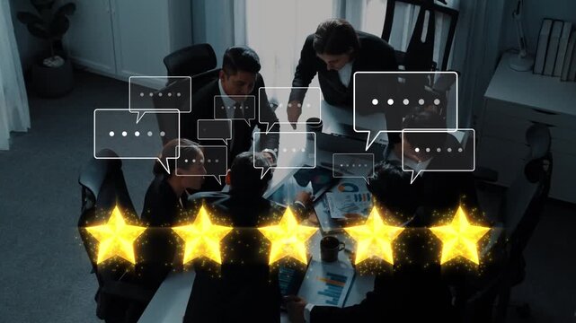 A dynamic team meeting in a modern office showcases collaboration and communication, featuring five stars representing quality feedback and engagement among professionals. Raster