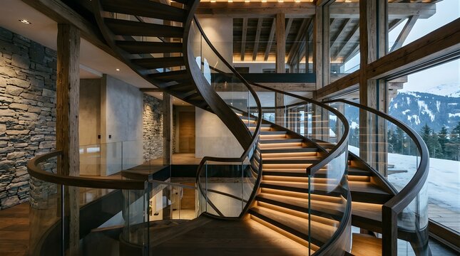 Modern spiral staircase with wooden steps inside a luxury mountain villa