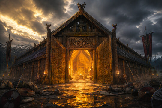 A grand Viking longhouse with open oak doors and golden light on shields outside.
