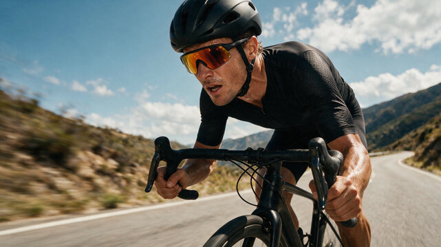 Male Road Cyclist Riding at High Speed on Winding Mountain Road