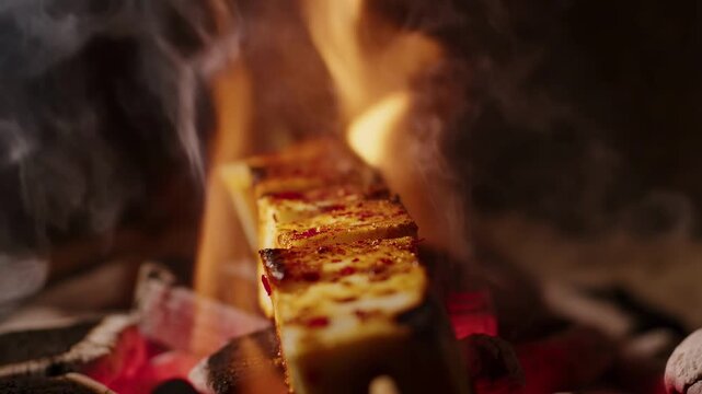 Sizzling grilled flatbread over open flame with charcoal heat with freshly baked flatbread grilling