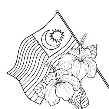 Malaysia Flag Jalur Gemilang and Hibiscus Bunga Raya Line Art Coloring Page