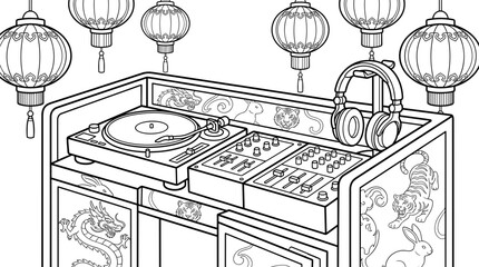 Fototapeta premium DJ booth with turntables, mixer, headphones, and hanging lanterns, line art illustration with Asian motifs