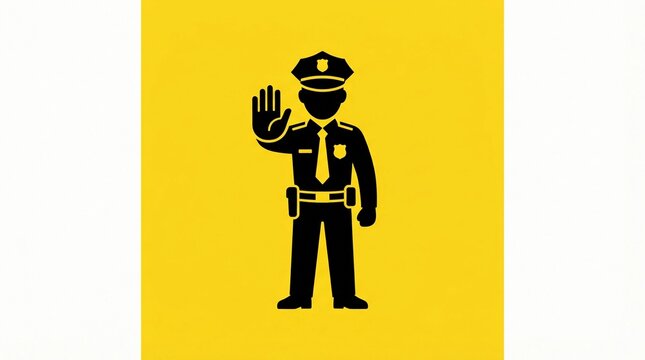 Police officer icon featuring a black silhouette on bright yellow background showing a hand signal to stop traffic with clear lines and minimalist vector design