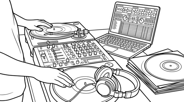 DJ equipment setup with turntables, mixer, laptop, headphones, line art illustration, and vinyl records