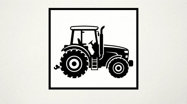 Detailed black and white tractor silhouette icon featuring heavy tread wheels and a sturdy cabin profile isolated inside a square frame for modern agricultural branding designs