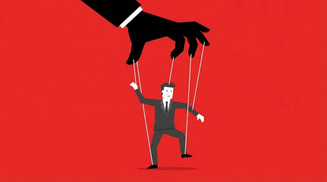 Giant shadowy hand manipulating a businessman puppet with white strings against a solid red background representing corporate control and power dynamics in a professional environment