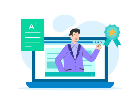 A man teaching on a laptop screen accompanied by symbols of academic achievement like an A+ grade paper and a reward badge. Course illustrations. Flat vector concepts.