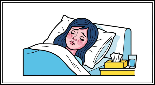 Sick Woman in Bed with Tissues and Water, Fever, Illness Concept