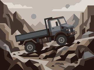 Fototapeta premium Rugged OffRoad Truck Navigating Rocky Terrain Illustration