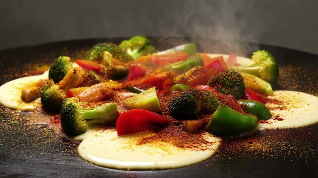 Sizzling flatbread with seasoned vegetables cooking on griddle with colorful roasted vegetables hot