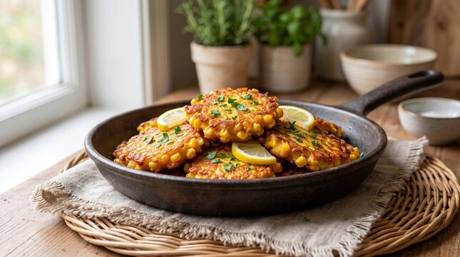 Freshly fried golden corn fritters served in a rustic skillet for a homemade meal.