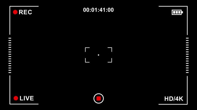 Video Camera Viewfinder Frame, Recording HUD Overlay with REC Focus and Battery Indicators on Black Background 4K