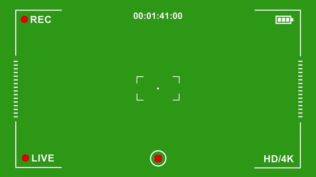 Video Camera Viewfinder Frame, Recording HUD Overlay with REC Focus and Battery Indicators on green Background 4K