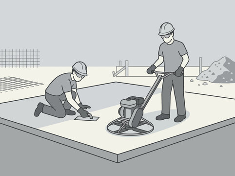 Skilled Builders Creating Smooth Concrete Surfaces With Specialized Tools
