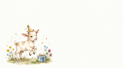 Fototapeta premium Cute Watercolor Baby Goat Birthday Card Background with Copy Space