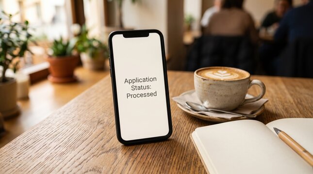 Mobile phone displaying application status processed text. Smartphone app notification message on screen. Job interview offer result communication. Digital recruitment confirmation concept.