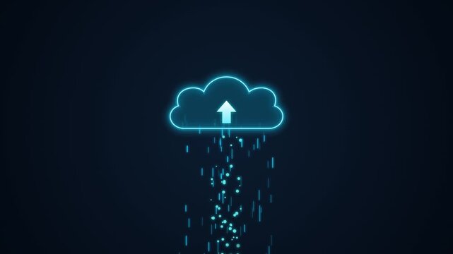 Glowing cloud computing data upload animation, cyan neon cloud icon loop, server backup storage concept 4k